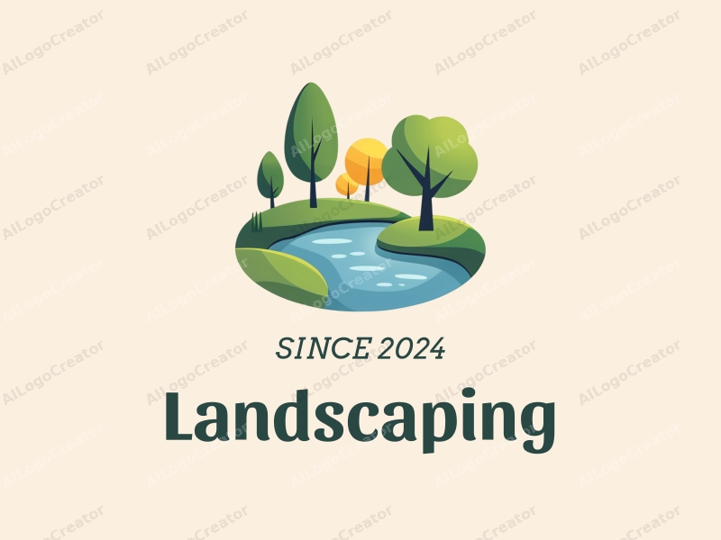 modern design features a stylized lawn and garden with abstract trees and a pond, combined with a clean background.