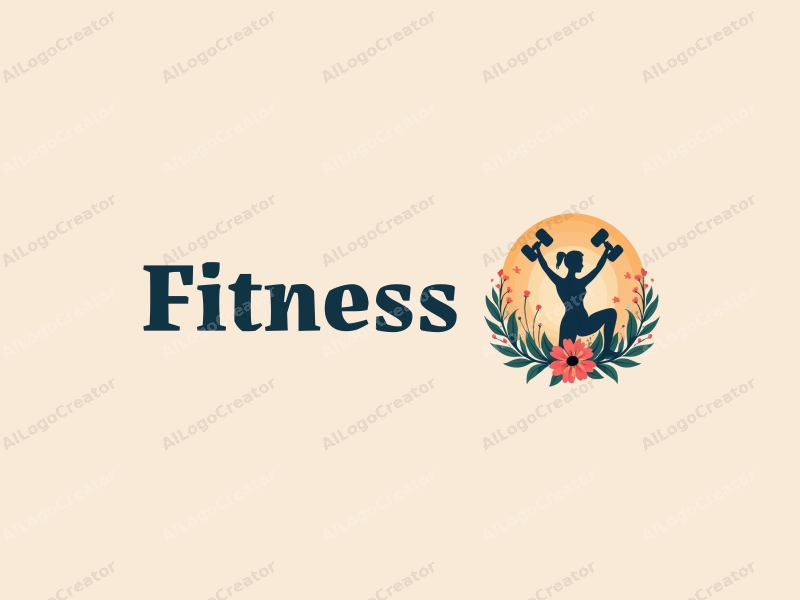 a modern design featuring fitness elements like dumbbells and a stylized silhouette of a person exercising, combined with floral motifs and a gradient background, creating a harmonious and clean composition.