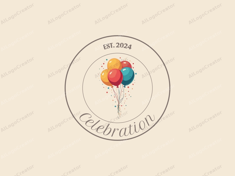 playful design features colorful balloons and streamers, a festive atmosphere with gold accents, combined with a clean background.