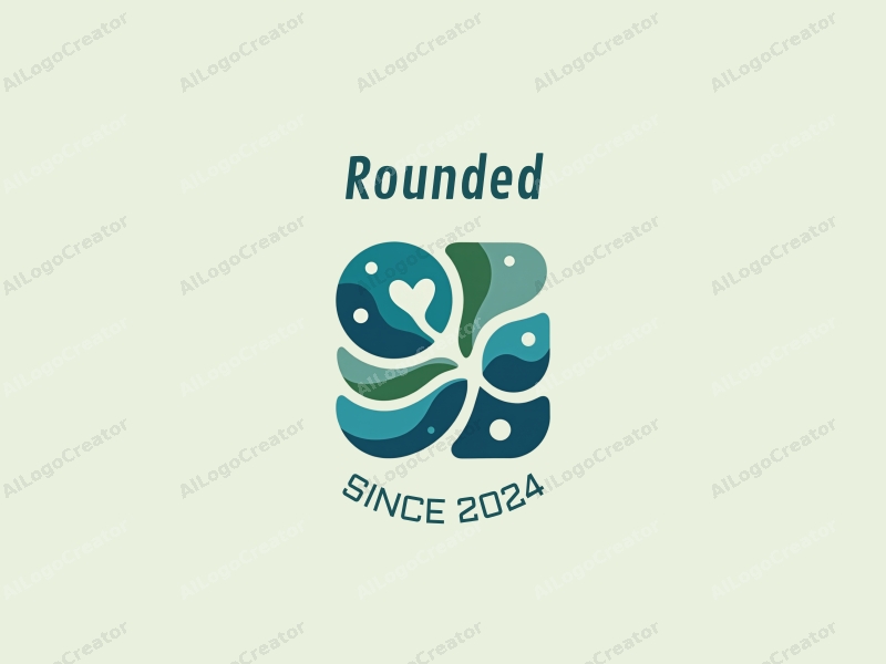 geometric design features circular shapes, flowing curves, heart shapes, and wave patterns combined with a clean background in blue and green colors.