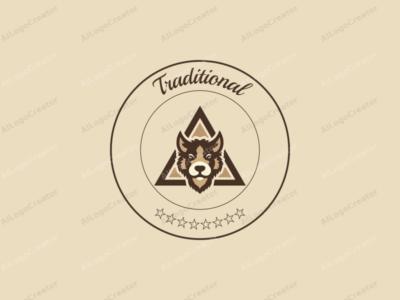 vintage design features a stylized animal shape integrated within a triangle, using a brown and beige color palette, combined with traditional and classic elements against a clean background.