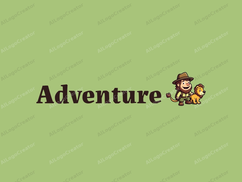 playful design features a stylized explorer character alongside a lion, symbolizing adventure and exploration, combined with a clean green background.