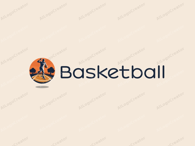 playful design features a stylized basketball, an athlete in motion, and a basketball court background combined with a clean and simple layout.