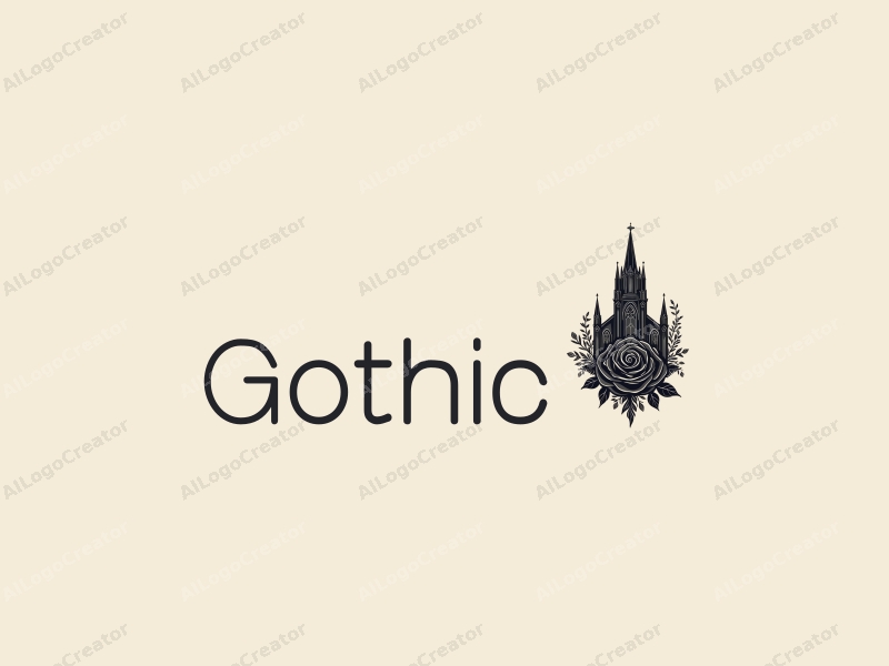 Gothic design features intricate Gothic architecture, a stylized spire church silhouette, and elements of Gothic fashion combined with a black rose, all set against a clean background.