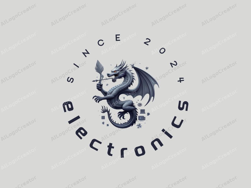 a modern design featuring a sleek dragon intertwined with a stylized bow and arrow, integrated with electronic devices and computer elements, all presented in a clean silver color scheme.