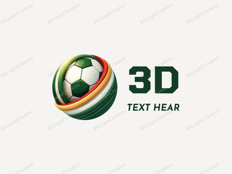 a modern and colorful design featuring 3D dynamic elements of a soccer ball intertwined with stylized national flags, incorporating green and gold colors, set against a clean background.