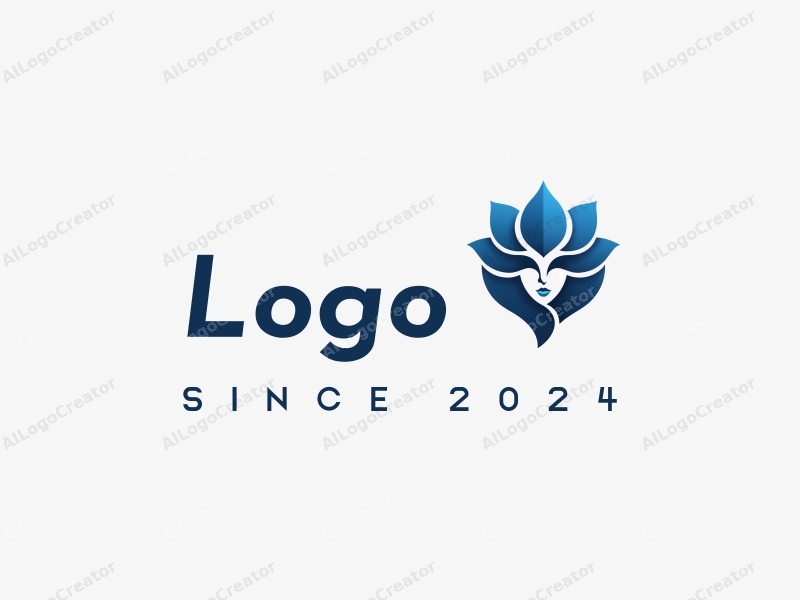 a modern design featuring a stylized face integrated with petal shapes, using a blue and black color scheme, combined with a clean and simple background.