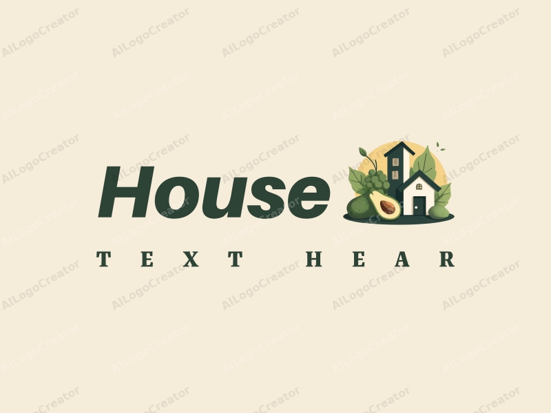 modern design features a stylized house and building, combined with abstract representations of grapes and avocado, using a clean background and harmonious composition.