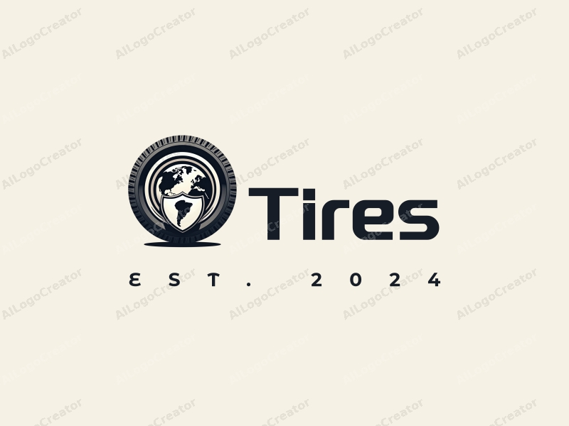 a modern design featuring a stylized tire and car tire, integrated with a globe and shield, combined with a clean background.