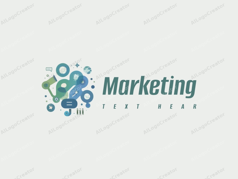 modern design features abstract marketing symbols, creative communication elements, and a harmonious blend of blue and green colors combined with a clean background.