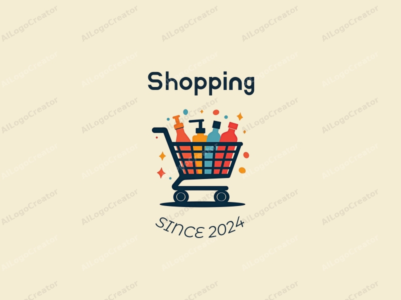 a modern design featuring a colorful shopping cart filled with various products, set against a stylized mall background, emphasizing simplicity and harmony in composition.