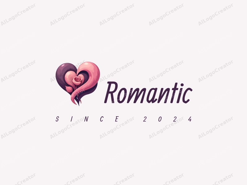 playful design features a heart shape intertwined with a rose, using pink and purple colors, combined with a clean background.