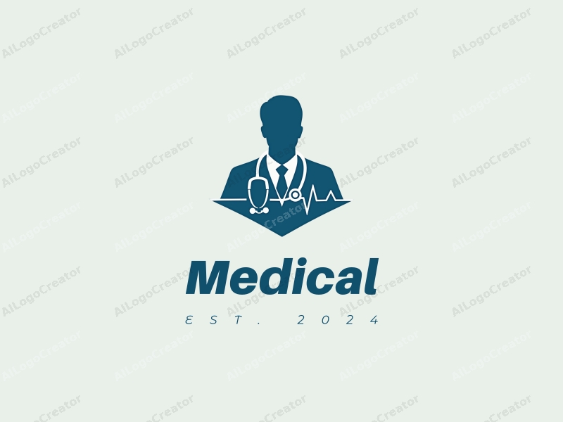 modern design features a stylized hospital silhouette, a doctor figure, a stethoscope intertwined with a heartbeat line, combined with a clean background.