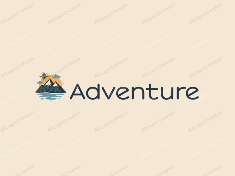 playful design features stylized mountains and a compass, combined with adventure elements, set against a clean background.