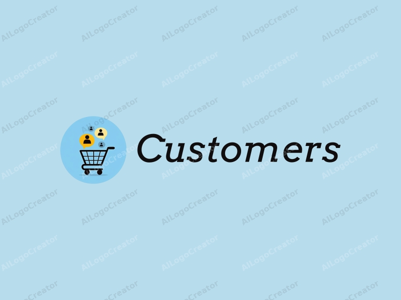 modern design features a stylized shopping cart and a speech bubble, incorporating abstract representations of customers and shoppers, combined with a clean blue background.