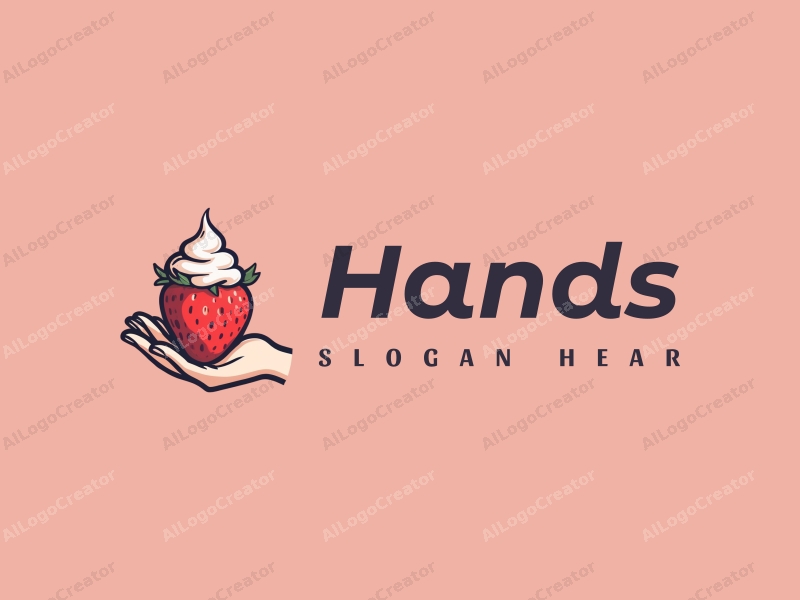 a modern design featuring a hand holding a strawberry topped with cream, incorporating a clean and simple composition with harmonious elements.