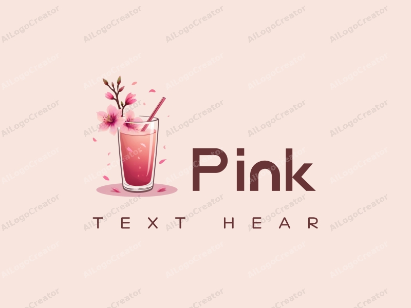 minimalist design features delicate cherry blossoms and petals, a stylized beverage silhouette, combined with a clean background.