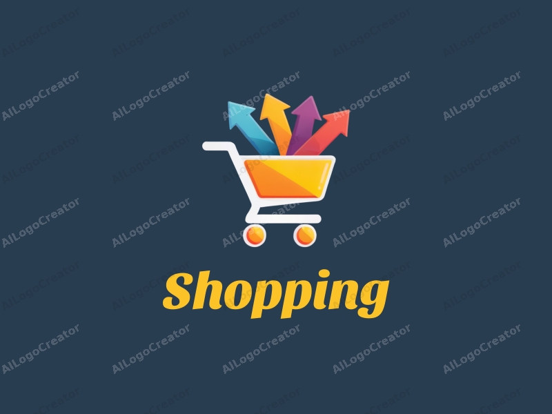 a modern design featuring a colorful shopping cart and arrows, symbolizing movement and retail, combined with a shopping mall silhouette, set against a clean background.