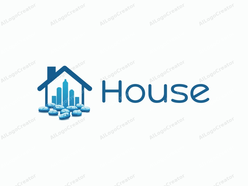 modern design features a stylized house and building silhouette, combined with vitamin capsules, using a clean blue color palette and a minimalist approach.