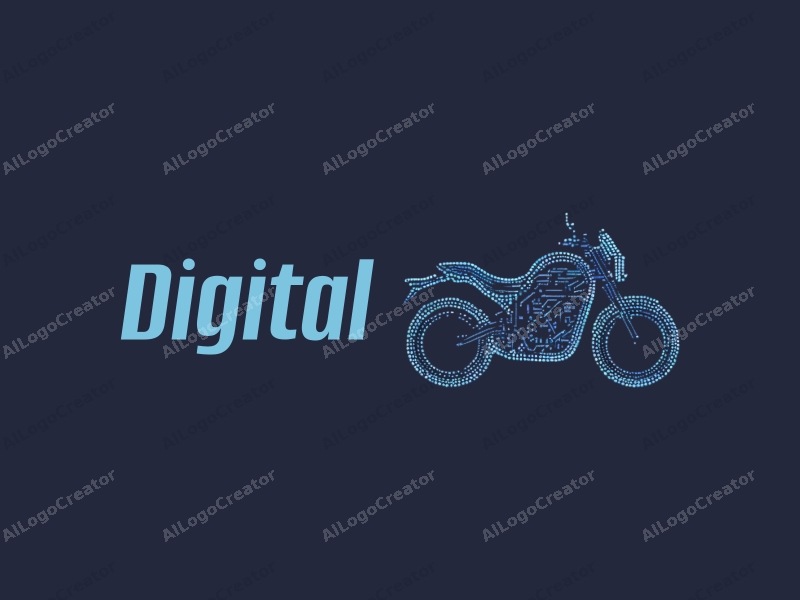 a modern minimalist design featuring a stylized motorcycle silhouette integrated with digital circuit patterns, using a blue and black color scheme, combined with a clean background.