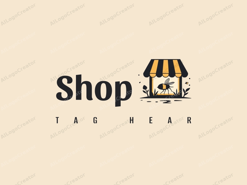 a modern design featuring a stylized shop silhouette, a flower, and a bee, combined with a clean background and harmonious composition.