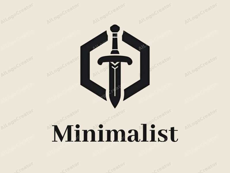 minimalist design features a stylized sword integrated within a hexagon, using clean lines and a black and white color scheme, combined with a tag style approach against a simple background.