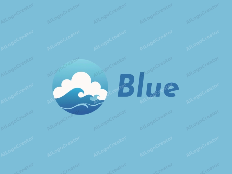 minimalist design features a stylized ocean wave and cloud silhouette, combined with a clean blue background and a harmonious composition.