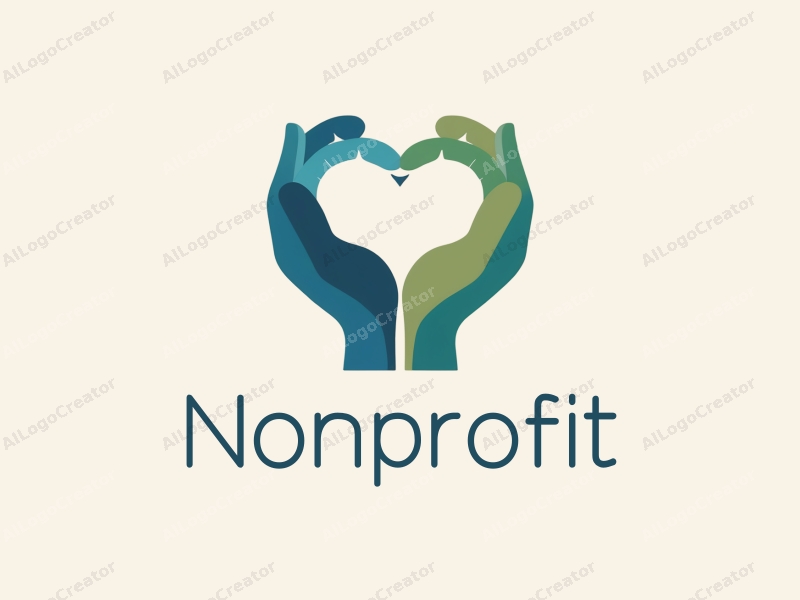 modern design features a heart shape formed by hands, symbolizing charity and volunteerism, combined with a clean background in blue and green tones.