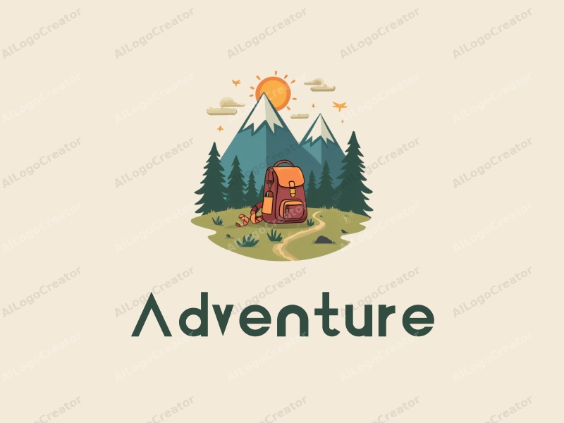 playful design features stylized mountains, a whimsical backpack, and elements of adventure and exploration combined with a clean background.