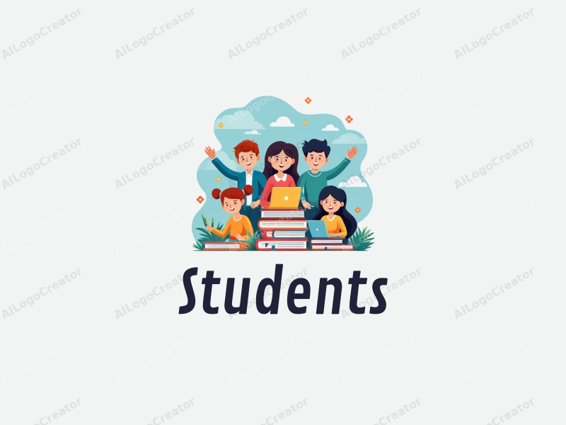 playful design features vibrant colors, stylized students and school elements, books and computers integrated in a harmonious composition with a clean background.