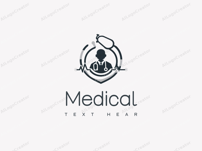 modern design features a stylized hospital silhouette, a doctor figure, a stethoscope intertwined with a heartbeat line, combined with a clean background.