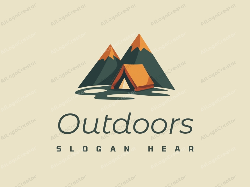 modern design features a stylized camping tent and mountain peak, combined with a clean background and a harmonious composition.