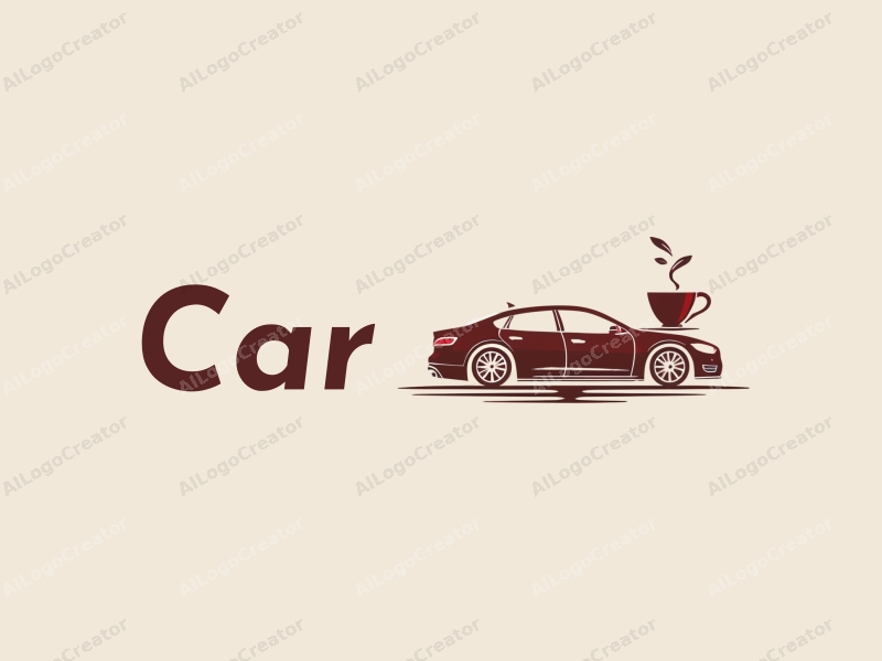 a modern design featuring a sleek sedan silhouette integrated with a teacup and tire elements, utilizing a clean and simple composition with a red color palette.