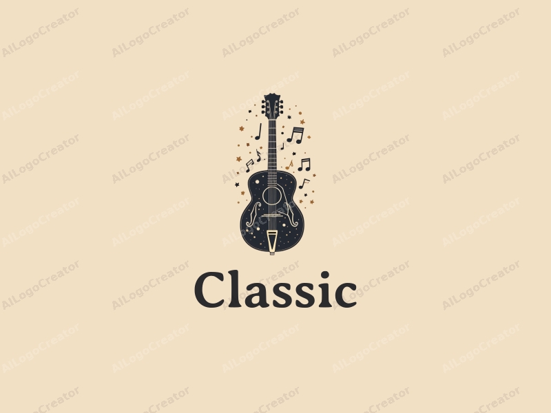 vintage design features a classic guitar silhouette intertwined with musical notes, using dark and neutral colors, combined with a clean background.