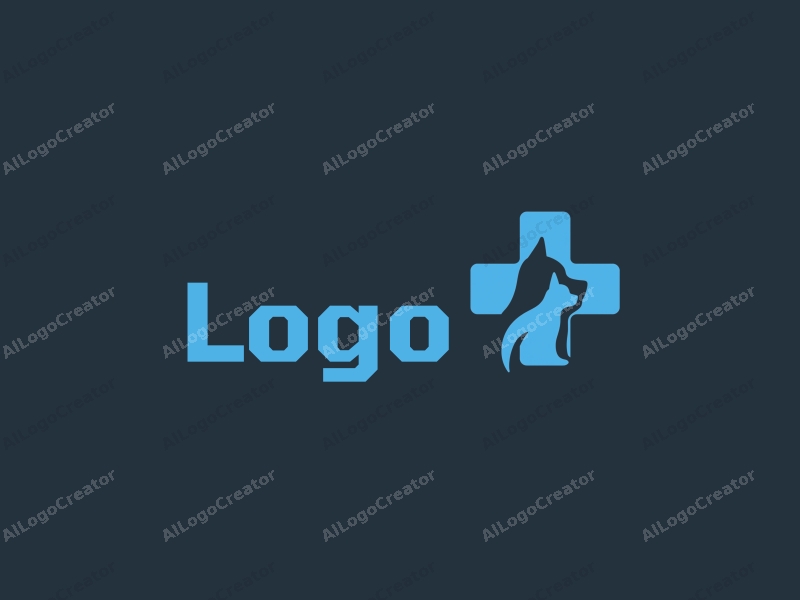 a modern design featuring a stylized pet silhouette intertwined with a medical cross, using a blue and black color scheme, combined with a clean and simple background.