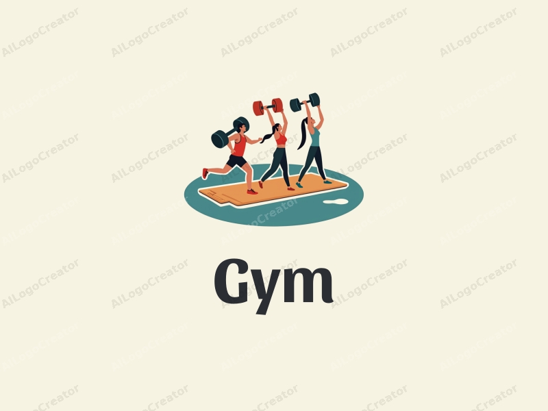 modern design features stylized dumbbells and yoga mats, combined with active individuals in a clean background, emphasizing fitness and movement.