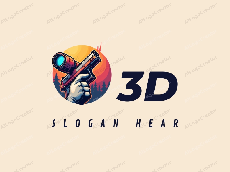 a modern design featuring a colorful 3D gun and a dynamic mask, incorporating a playful and energetic composition with clean lines and a harmonious background.