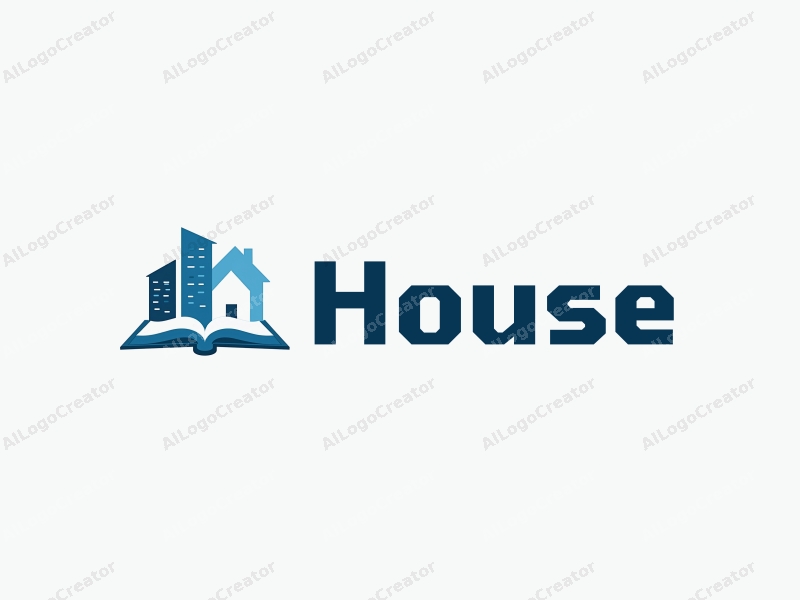 modern design features a stylized house and building silhouette, combined with an open book, all in a harmonious blue color scheme against a clean background.