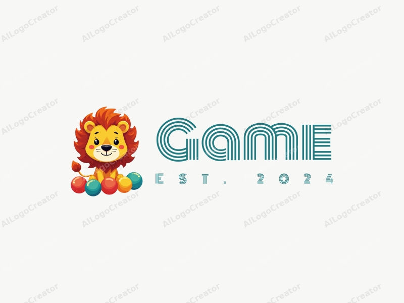 playful design features a stylized lion interacting with vibrant colorful balls, using a simple and clean composition that emphasizes fun and creativity.