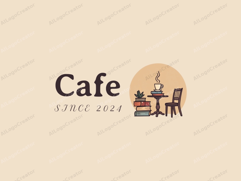 vintage design features a stylized coffee cup, a cozy table and chair setup, and a stack of books, combined with a clean background.