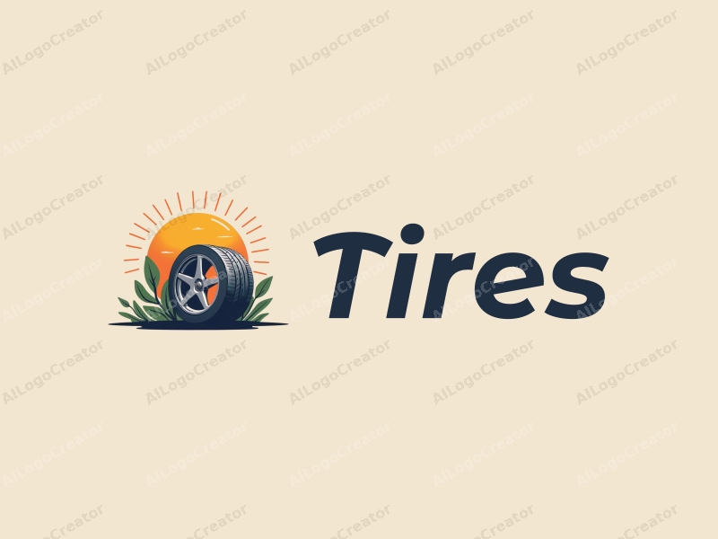 a modern design featuring a stylized tire and car tire, with elements of sunshine and energy, combined with a clean background.