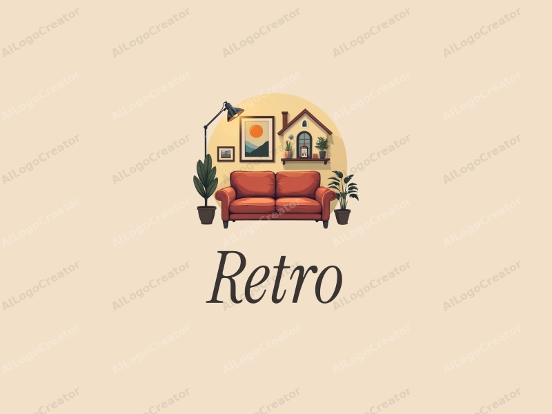 vintage design features a retro sofa and a retro poster, combined with a vintage house and vintage furniture, using a nostalgic approach with a clean background.