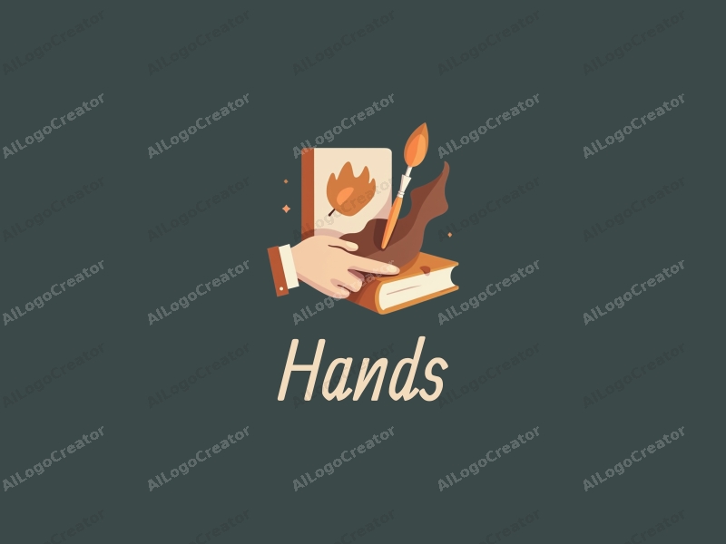 a modern design featuring a hand holding a paintbrush and a book, with a skin tone color palette, combined with a clean and simple background.