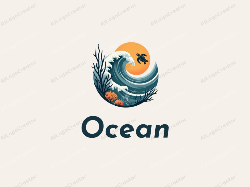 a modern design featuring stylized ocean waves, a sea turtle, and coral elements, combined with a clean background and a harmonious composition.