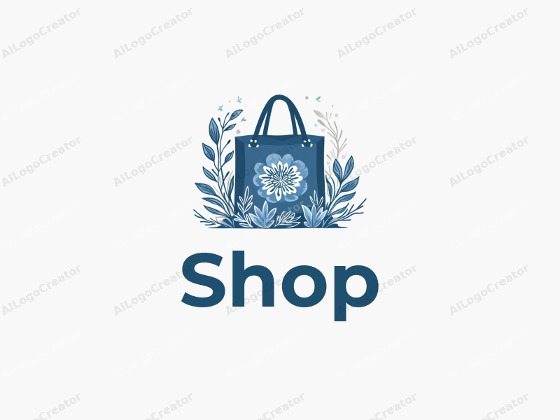 a modern design featuring a stylized shop silhouette intertwined with luxurious floral elements, using a blue color palette, combined with a clean and simple background.