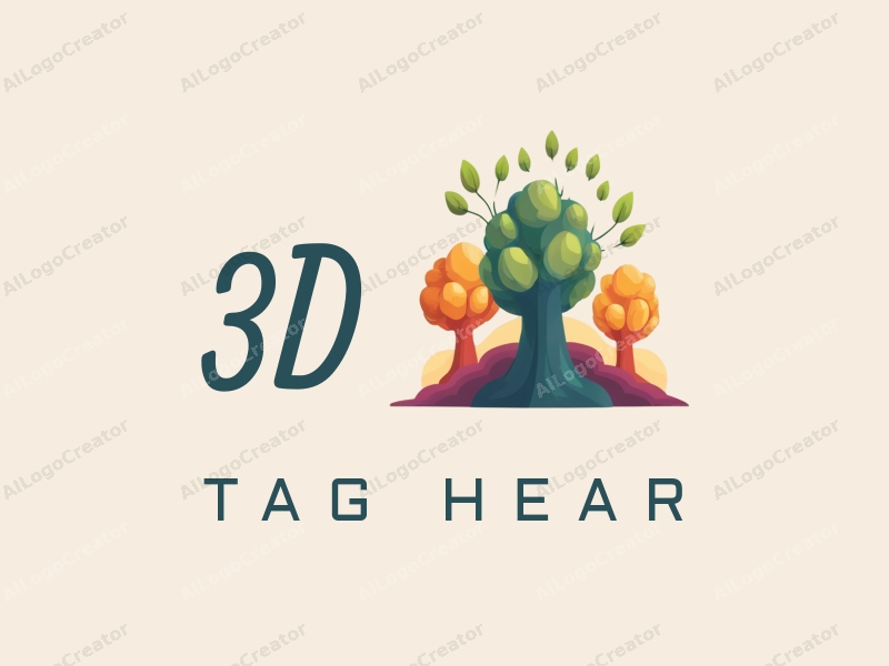 a modern and colorful design featuring 3D dynamic trees and characters, utilizing a minimalist approach combined with a clean background.