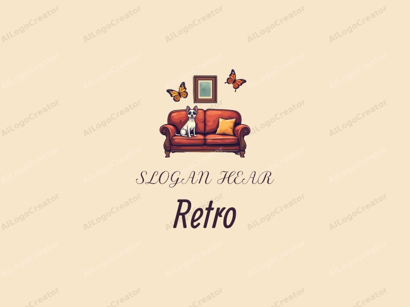 vintage design features a retro sofa and a retro poster, combined with a stylized dog and butterfly, set against a clean background.