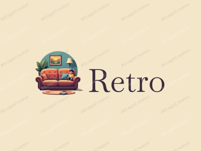 vintage design features a retro sofa and a retro poster, combined with a character and a game controller, set against a clean background.