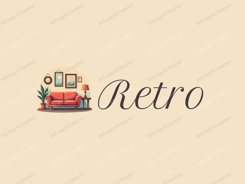 vintage design features a retro sofa, a retro poster, a retro mirror, and a retro lamp combined with a clean background.