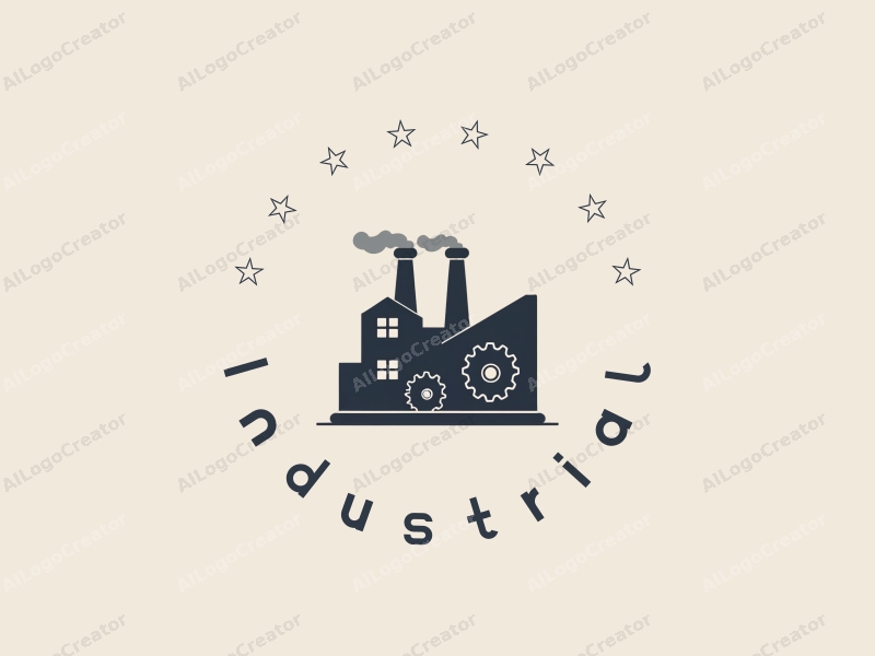 modern design features a stylized factory silhouette with gears integrated into the structure, a roof element above, and a clean background emphasizing industrial themes.